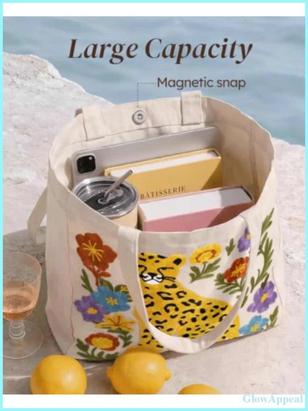 Embroidered Canvas Tote Bag with Magnetic Closure